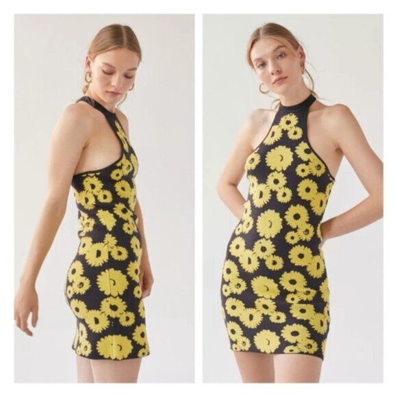 Urban Outfitters | Charlie Mockneck Sweater Dress New Small Floral Black Yellow - Picture 1 of 9